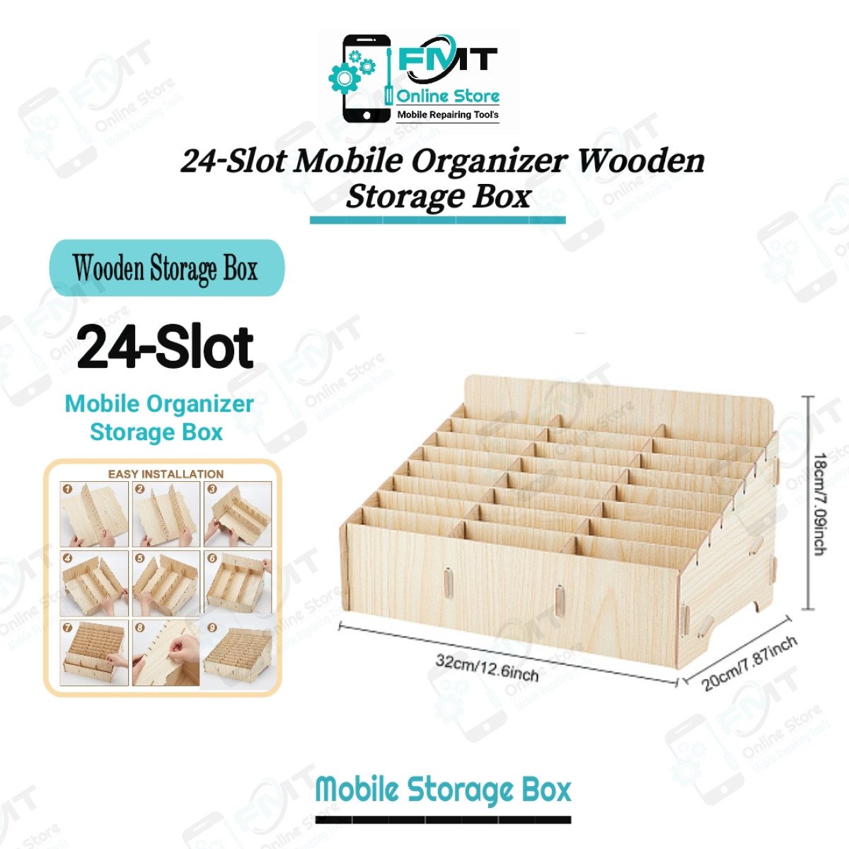 24 Slot Mobile Organizer Wooden Storage Box