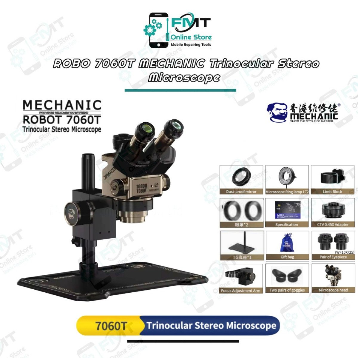 ROBO 7060T MECHANIC Large Vision Trinocular Stereo Microscope