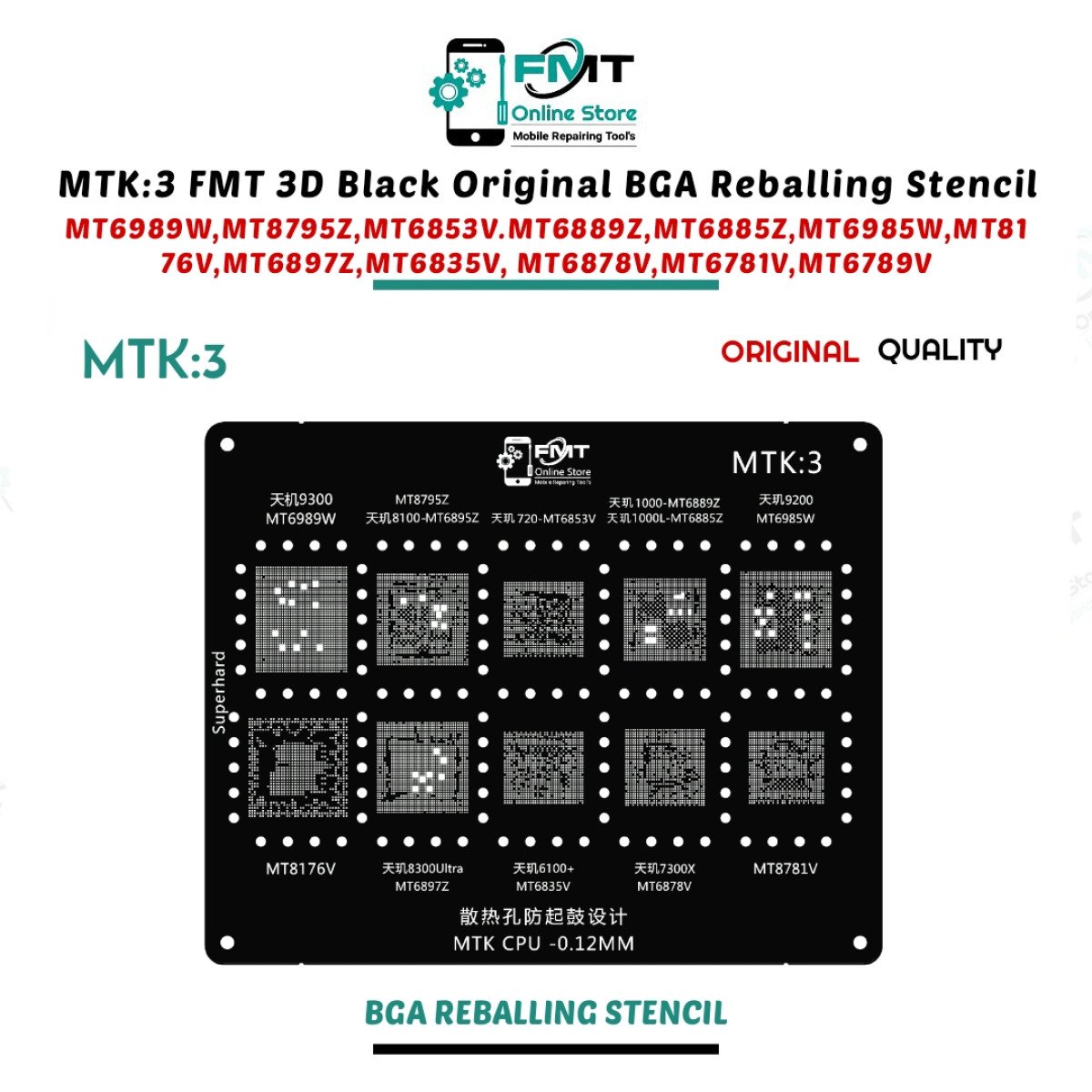 MTK:3 FMT 3D Black Original BGA Reballing Stencil For CPU MT6989W,MT8795Z,MT6853V.MT6889Z,MT6885Z,MT6985W,MT8176V,MT6897Z,MT6835V, MT6878V,MT6781V,MT6789V